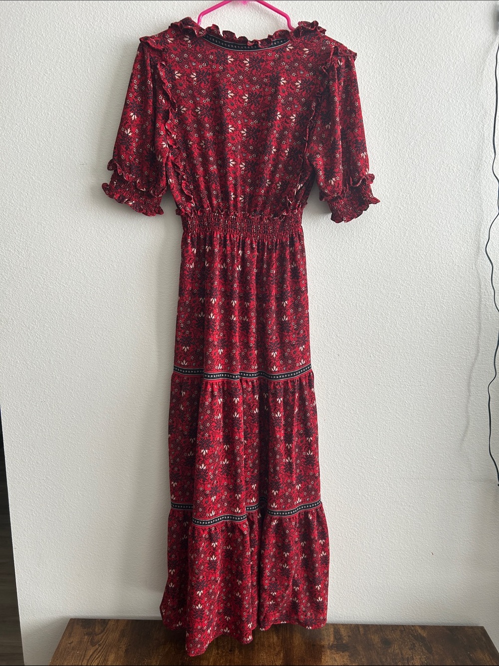 Max Studio Red Floral Bohemian Maxi Dress with Ruffle Neck - Picture 8 of 8